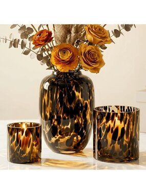 Hand Blown Amber Tortoise Glass Centerpiece Set, 3-Piece Vase & Candle Holders